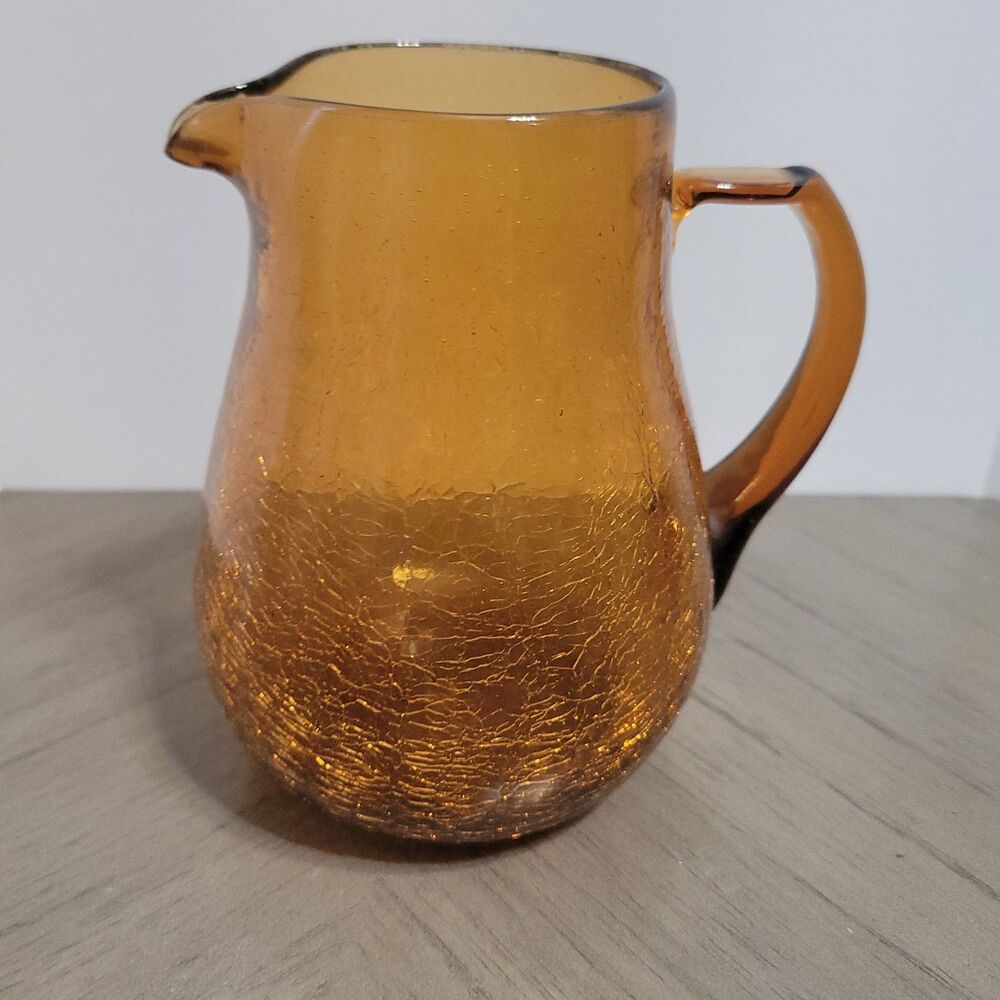 Vintage Blenko Crackle Glass Pitcher Amber Yellow Pilgrim 5.5"